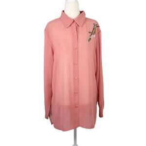 Vintage 90s Pink Sheer Blouse w/ Floral Beaded Embellishments L